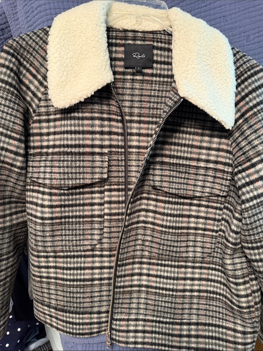 Rails Plaid Sherpa Collar Jacket in Black, Gray & Cream